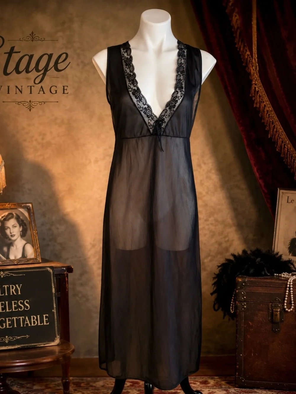 Glencroft Black Nylon Lace V-Neck Maxi Nightgown Vintage 60s M - Picture 1 of 11
